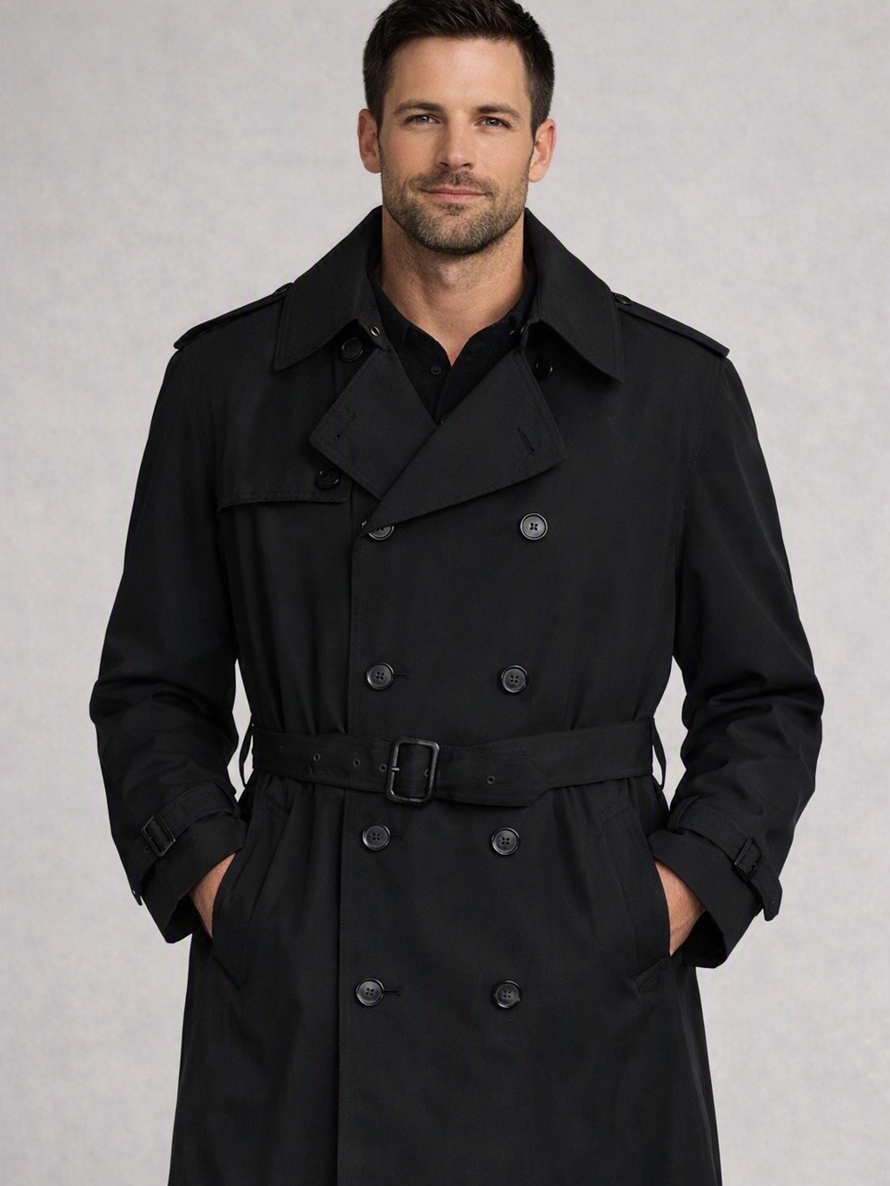 VTG Moores Trench Coat Mens 40 Black Classic Double Breasted Business Minimal